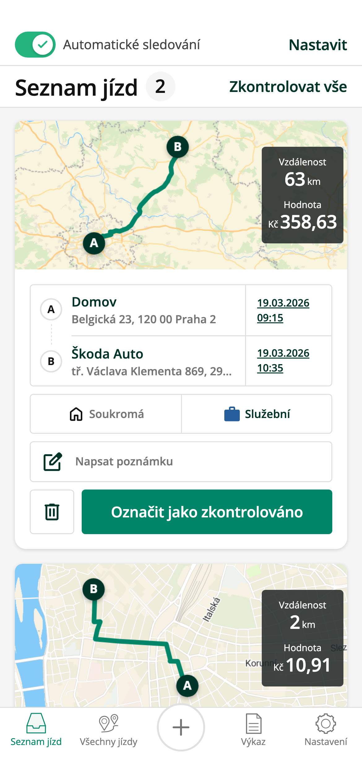 Seznam nezaevidovaných jízd